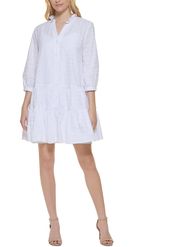 Women's shirt dress hub flair -Womens Cotton Eyelet Shirtdress