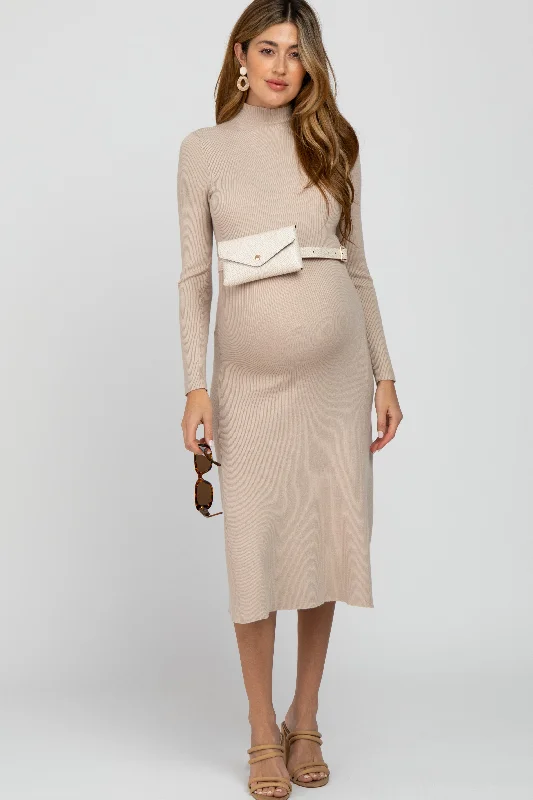 Women's flare dress matte -Beige Mock Neck Flared Maternity Midi Dress