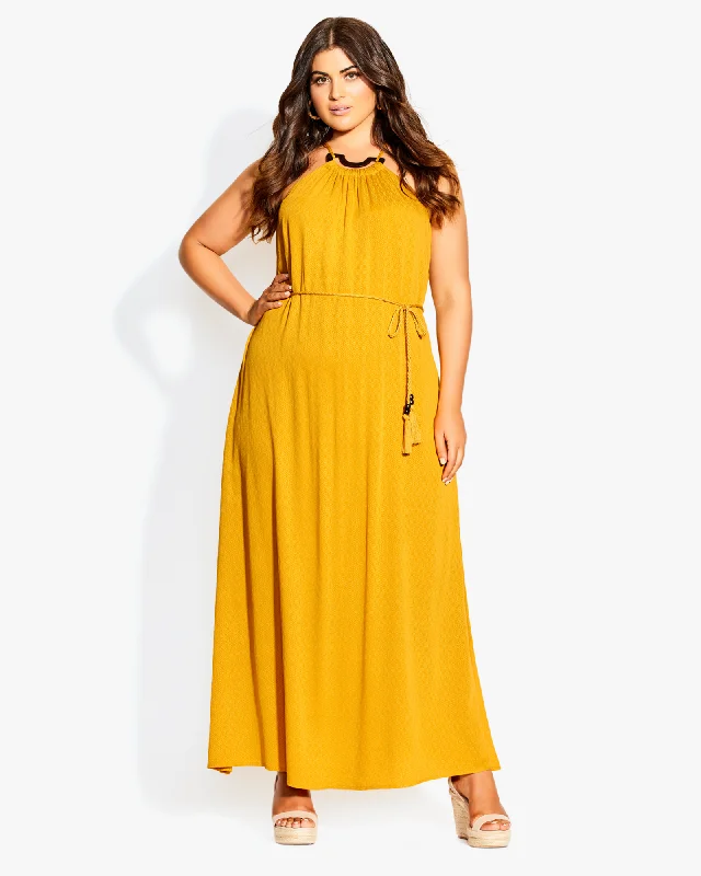 ladies-maxi-dress-daytime-dusk-Maggie Halter Maxi Dress | Yellow