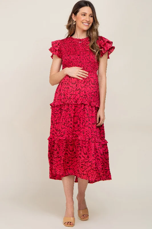 Women's midi dress chill flair -Fuchsia Print Smocked Ruffle Tiered Maternity Midi Dress