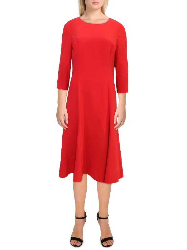 Women's flare dress flared hem -Womens Flared Three-Quarter Sleeve Midi Dress