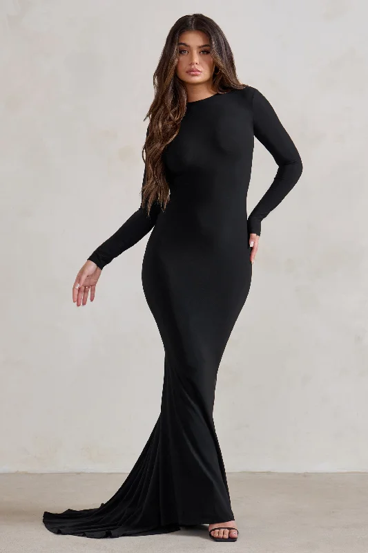 ladies-maxi-dress-bold-bloom-One Step Ahead | Black Long Sleeve Backless Fishtail Maxi Dress