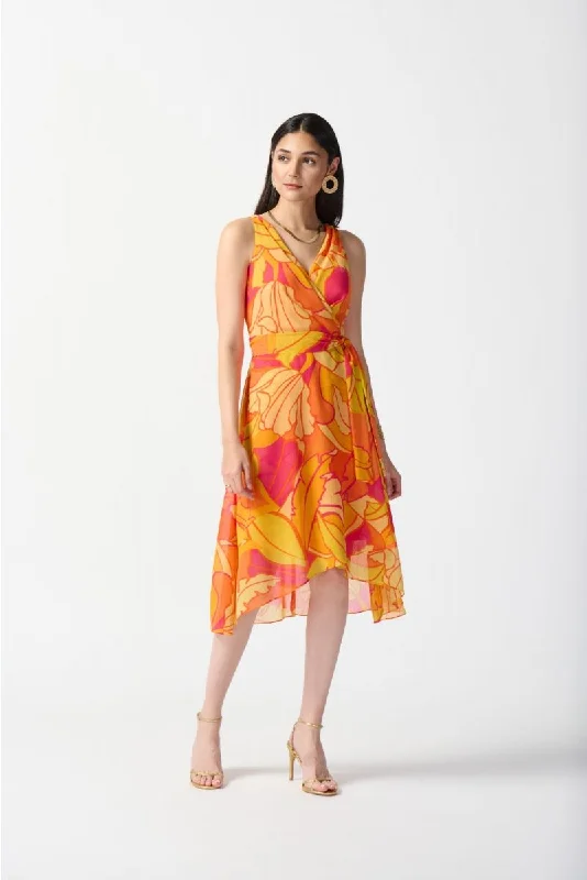 Women's flare dress New Year -Joseph Ribkoff Pink/Multi Tropical Print Faux Wrap Midi Fit & Flare Dress 242015