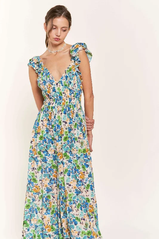 Women's midi dress lime glow -Blue Flower Midi Dress