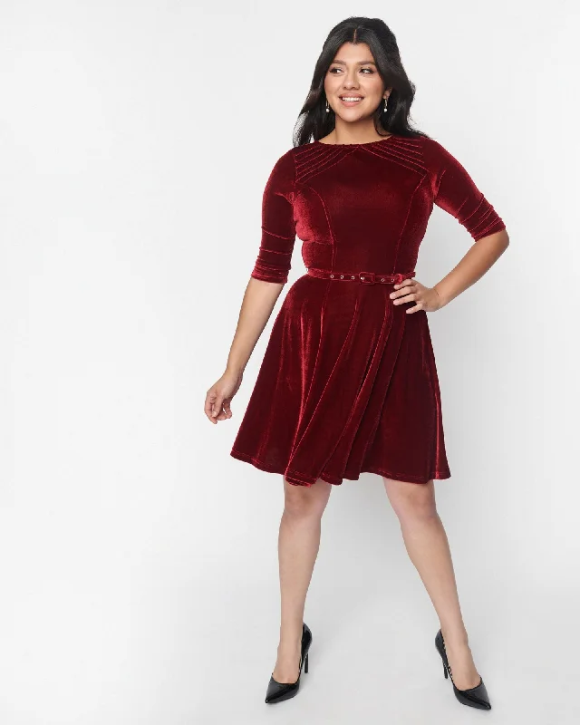 Women's flare dress glitter -Unique Vintage Burgundy Velvet Stephanie Fit & Flare Dress | Burgundy Velvet