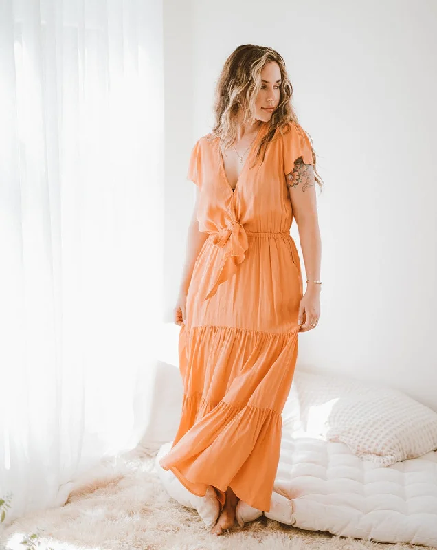 ladies-maxi-dress-plunge-poise-Tie Maxi Dress | Daisy Peach