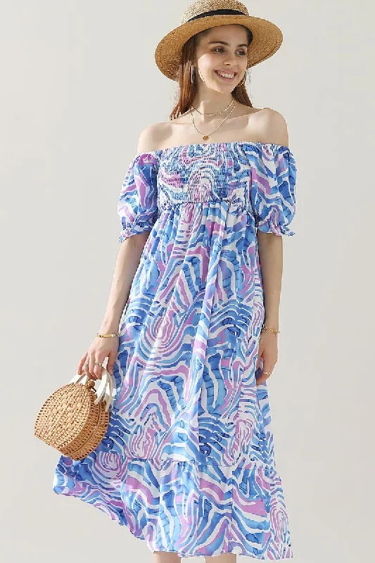 Women's flare dress structured -MABLE PATTERN OFF SHOULDER FLARE MAXI DRESS