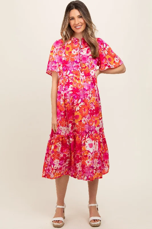 Women's midi dress sweep chic -Pink Floral Satin Ruffle Short Flutter Sleeve Maternity Midi Dress