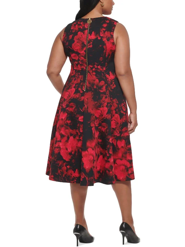 Women's flare dress business casual -Plus Womens Floral Midi Fit & Flare Dress