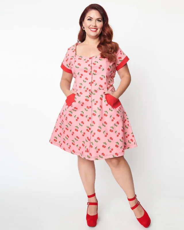 Women's flare dress black -Unique Vintage Pink Denim & Cherry Print Fit & Flare Dress | Pink