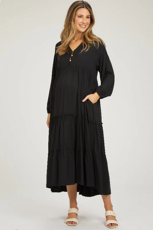 Women's midi dress warm glow -Black Button Front V-Neck Ruffle Tiered Maternity Midi Dress