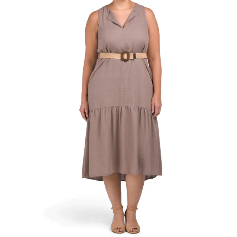 Women's midi dress break glow -Adyson Parker Linen Belted Split Neck Tiered Midi Dress