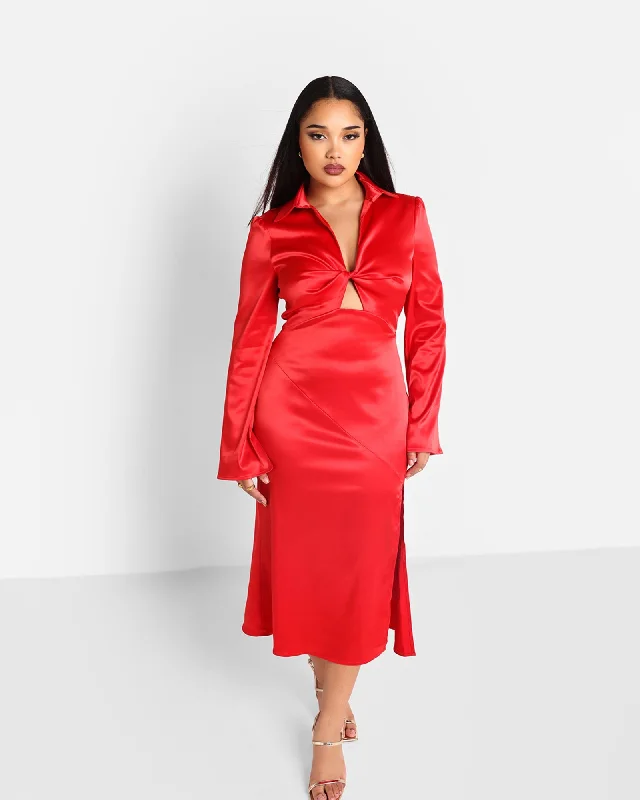 Women's flare dress smocked -Rebdolls Women's London Satin Flare Sleeve Midi Shift Dress W. Slit | Red