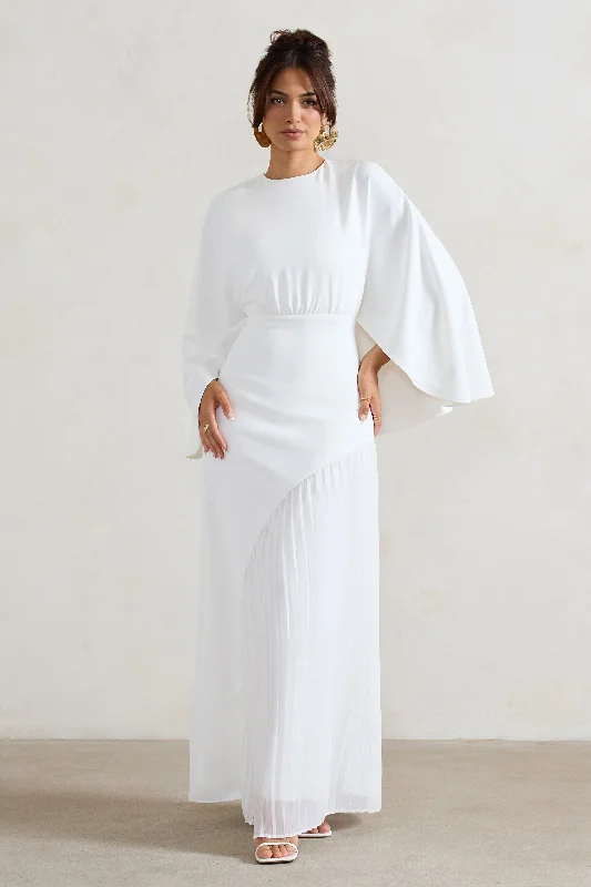 ladies-maxi-dress-a-line-aura-Milly | White Cape Maxi Dress With Asymmetric Chiffon Hem