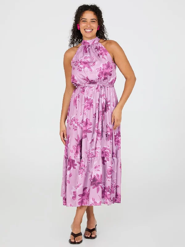 ladies-maxi-dress-versatile-vibe-Floral Print Halter Neck Satin Maxi Dress