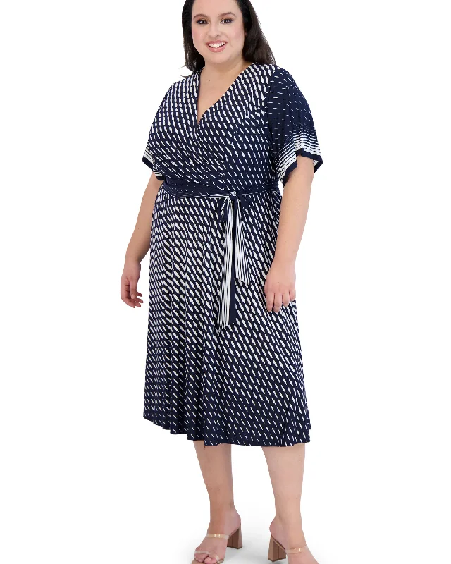 Women's midi dress grid chic -Rose Faux Wrap Midi Dress | Navy / Ivory