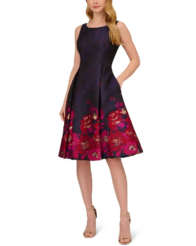 Women's flare dress corporate -Adrianna Papell Metallic Floral Border Fit Flare Jacquard Dress