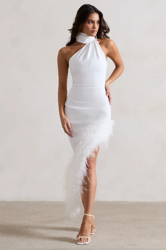 ladies-maxi-dress-sleeveless-silk-Brilliance | White Asymmetric Maxi Dress With Feather Trim