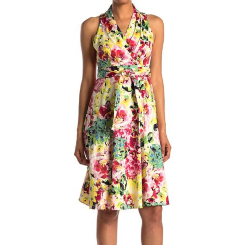 Women's flare dress 60s vibe -London Times Women's Cotton Blend Floral Print Belted Fit & Flare Midi Dress