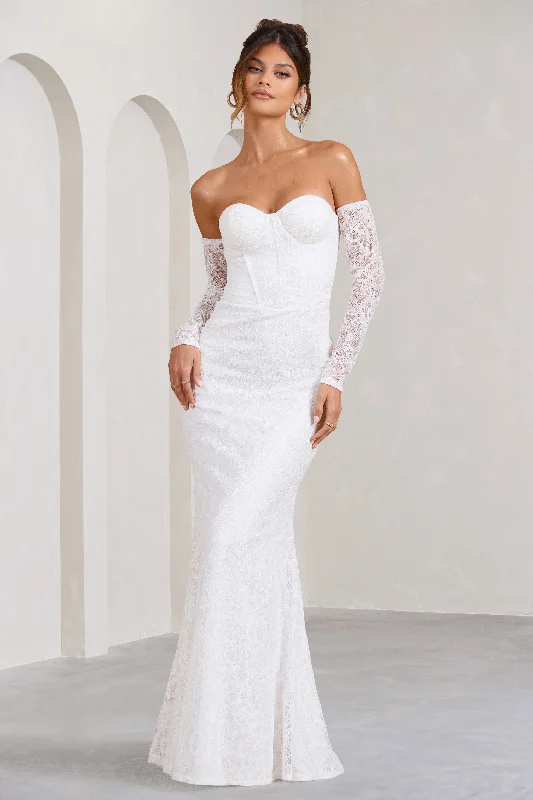 ladies-maxi-dress-sweetheart-silk-Aniyah | White Lace Bandeau Neckline Corset Fishtail Maxi Dress With Sheer Sleeves