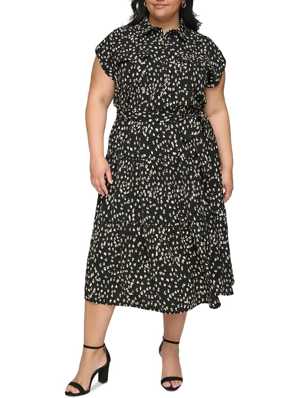 Women's shirt dress dine pop -Plus Womens Printed Polyester Shirtdress