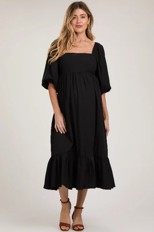 Women's midi dress bold glow -Black Square Neck Puff Sleeve Maternity Midi Dress