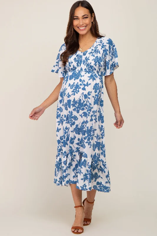 Women's midi dress dine flair -Blue Floral Smocked Maternity Midi Dress