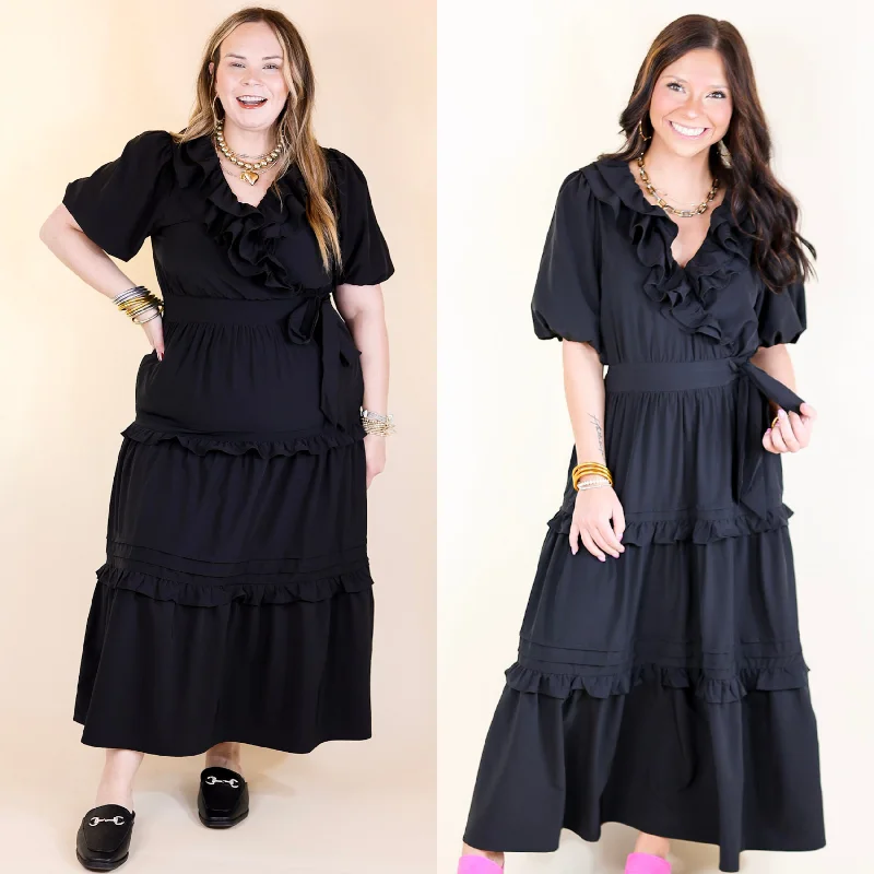 Women's midi dress shift chic -Tied With Charm Ruffle Tiered Midi Dress with Bow in Black