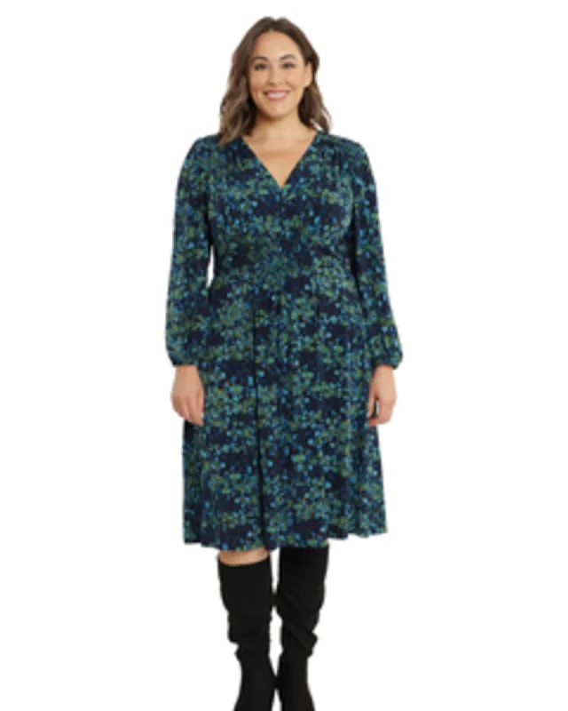 Women's midi dress eve chic -Floral-Print Smocked Midi Dress | Navy/Blue