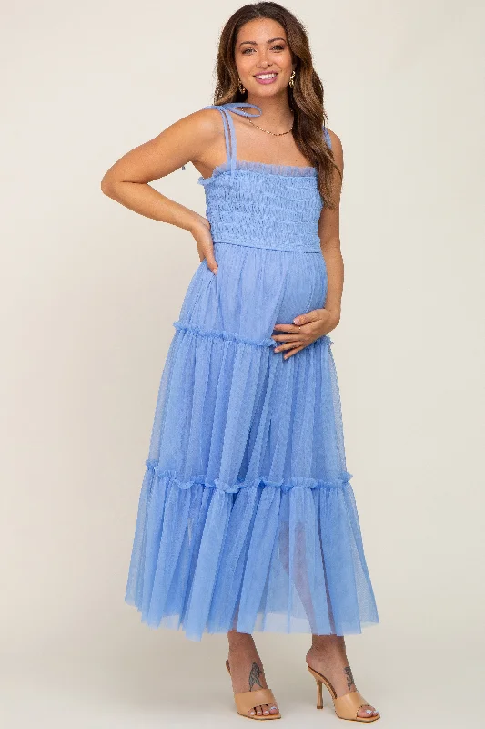 Women's midi dress dash glow -Light Blue Smocked Mesh Maternity Midi Dress