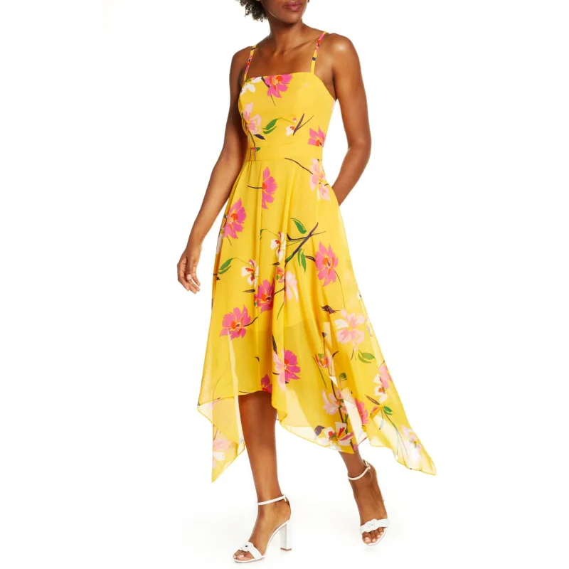 Women's flare dress cinched waist -Vince Camuto Women's Fit & Flare  Sharkbite Hem Floral Print Midi Dress