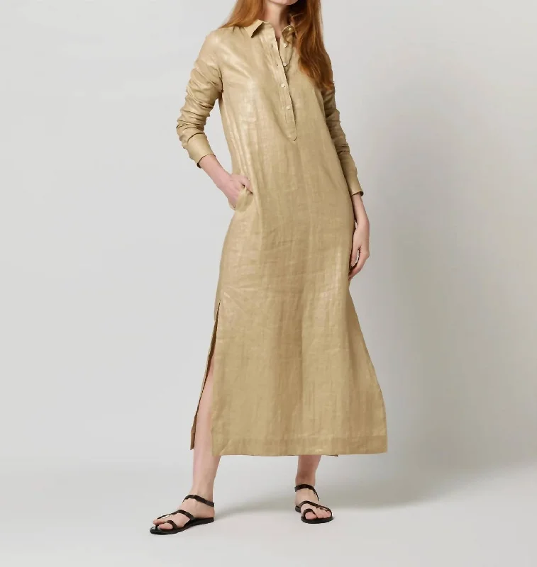 Women's shirt dress wing flair -Talitha Shirt Dress In Metallic Platino Linen