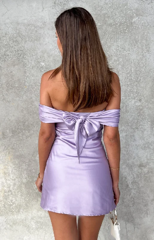 ladies-mini-dress-winter-warmth-Primrose Purple Satin Off the Shoulder Mini Dress