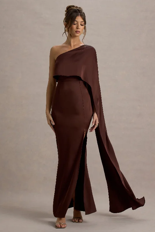 ladies-maxi-dress-tangerine-tide-Amora | Brown Satin Asymmetric Cape-Sleeve Split Maxi Dress