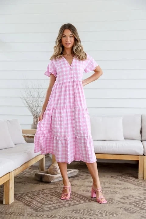 Women's midi dress pinch flair -Valentina Gingham Midi Dress - Pink