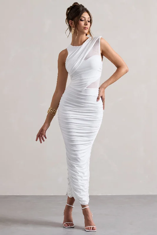 ladies-maxi-dress-ruffle-ripple-Born With It | White Sleeveless High-Neck Draped Maxi Dress With Mesh Inserts