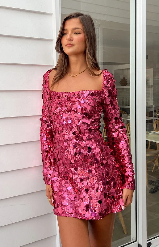 ladies-mini-dress-scoop-sleek-Marienne Pink Sequin Long Sleeve Mini Dress