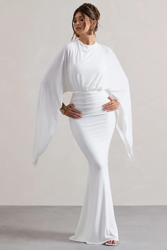 ladies-maxi-dress-work-to-whimsy-Shea | White High-Neck Cape Sleeve Maxi Dress