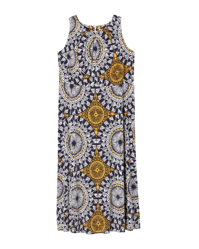 ladies-maxi-dress-flattering-fawn-Delray Printed Maxi | Navy / Gold