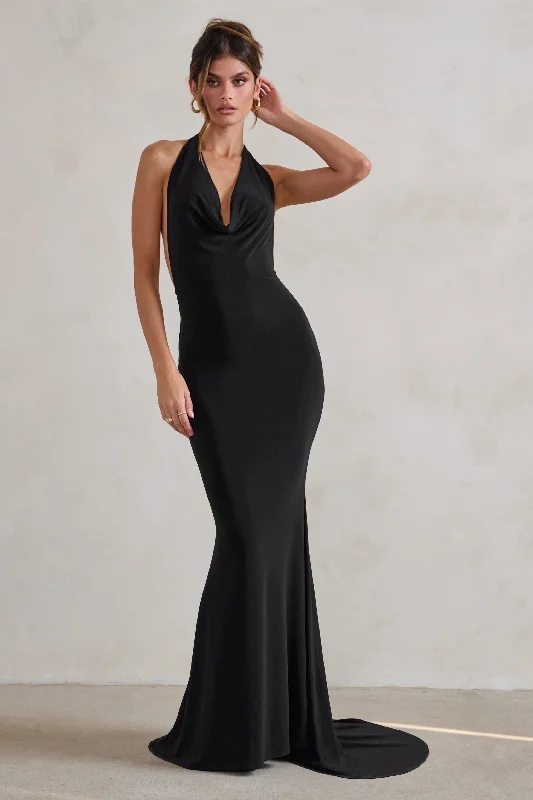 ladies-maxi-dress-denim-dusk-Saffina | Black Cowl Neck Low Back Maxi Dress