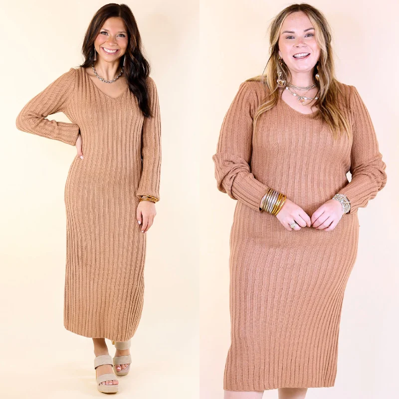 Women's midi dress trek pop -Pumpkin Spice Weather V Neck Midi Sweater Dress in Clay Nude