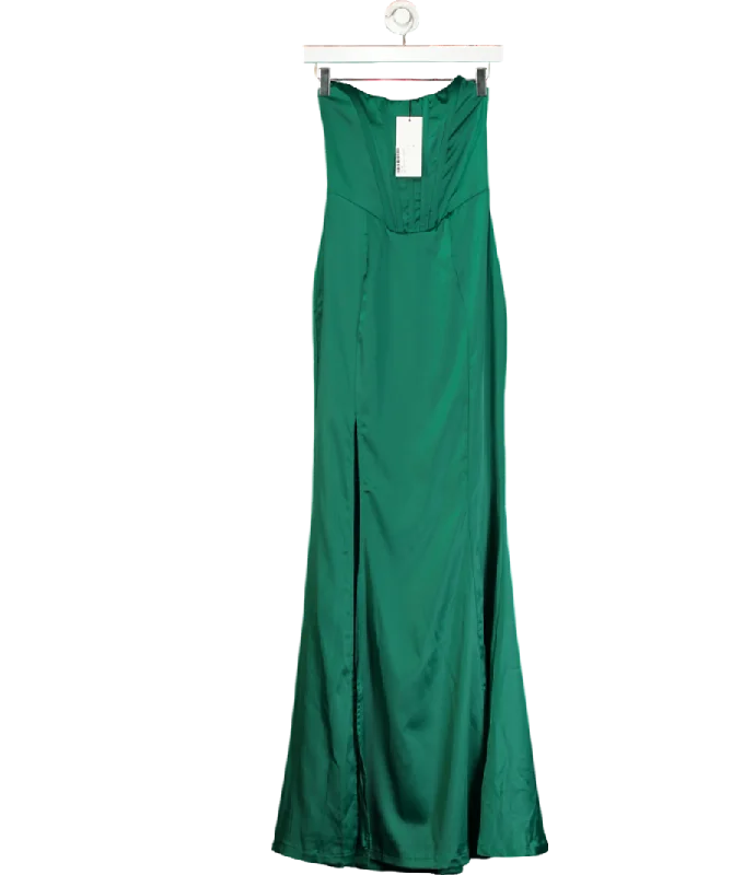 ladies-maxi-dress-cerulean-cool-Club L Bottle Green Satin Strapless Corset Thigh Split Fishtail Maxi Dress UK 6