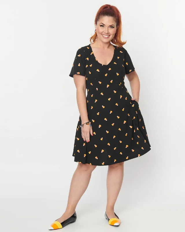 Women's flare dress preppy -Unique Vintage Black Candy Corn Print Poppy Flare Dress | Black