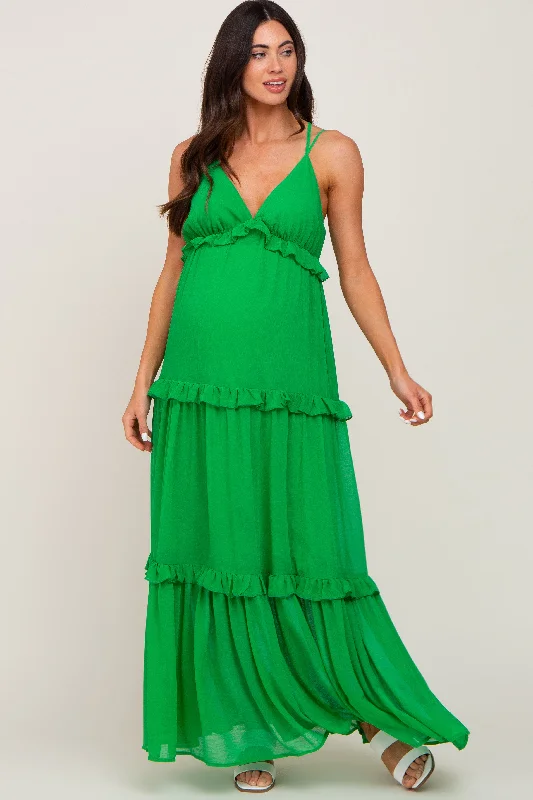 ladies-maxi-dress-lemon-lush-Green Ruffle Tier Cross Back Maternity Maxi Dress