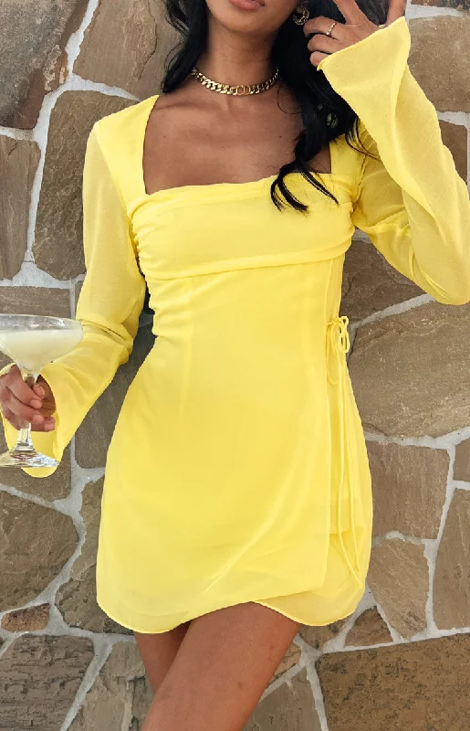 ladies-mini-dress-puff-sleeve-pop-Lucy Yellow Long Sleeve Mini Dress