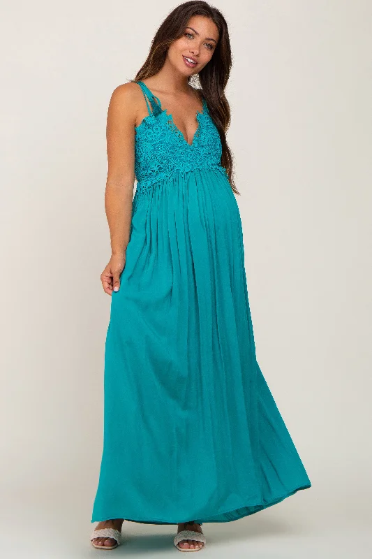 ladies-maxi-dress-ankle-allure-Turquoise Crochet Lace Maternity Maxi Dress