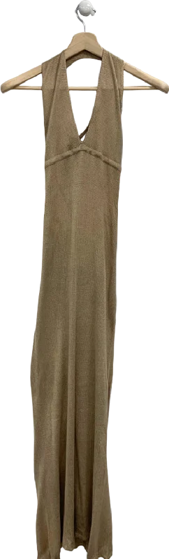 ladies-maxi-dress-party-poise-Beige Knitted Sleeveless Maxi Dress