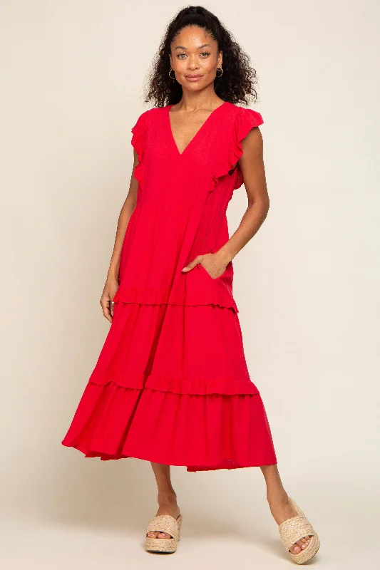 Women's midi dress tide pop -Red Ruffle Accent Tiered Midi Dress