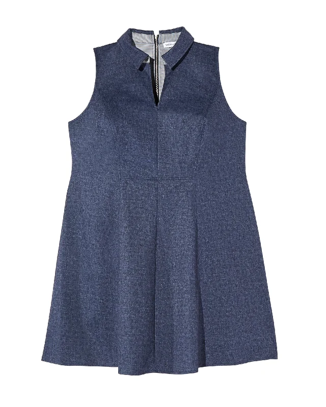 Women's flare dress Easter -Myanmar Sleeveless Fit and Flare Chambray Stretch Dress | Dark Wash