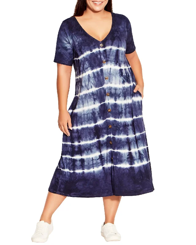 Women's midi dress yes flair -Pheobe Button Midi Dress | Navy / White